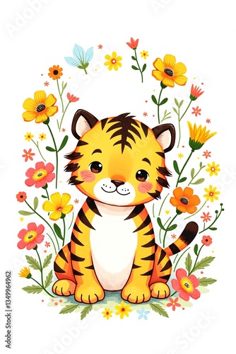 Cheerful Tiger Cub with Playful Expression Surrounded by Vibrant Spring Flowers in Whimsical Children's Book Style against White Background