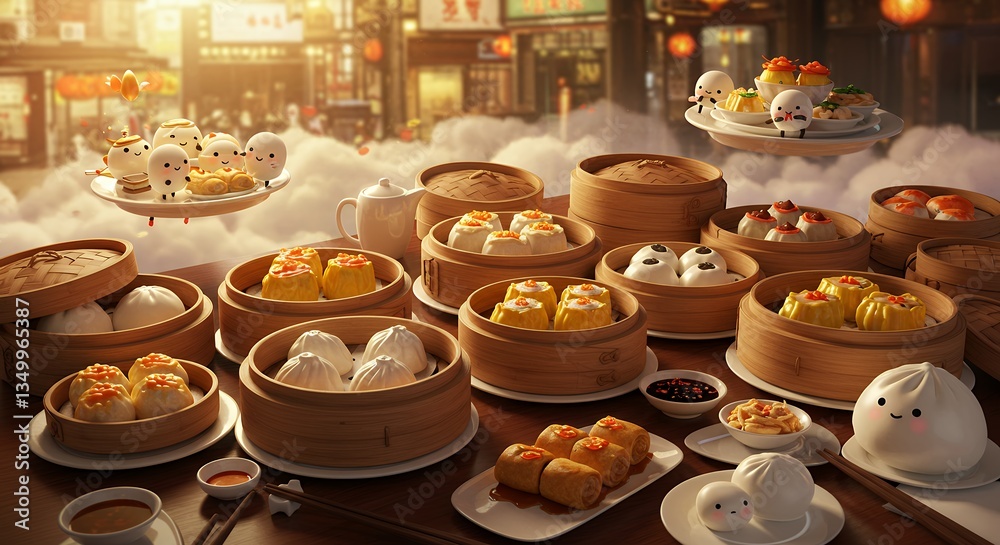 Fototapeta premium Delicious Dim Sum Feast with Cute Characters in a Fantasy Setting
