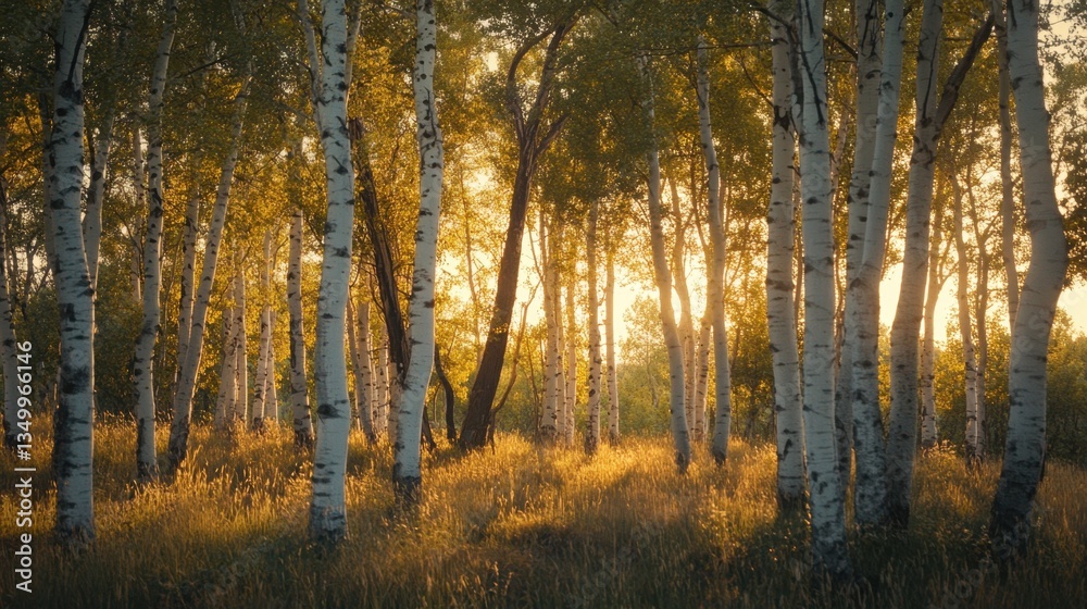 Forest Canopy: A majestic forest, filled with towering trees with smooth, white bark, bathed in the warm glow of the setting sun, creating a sense of peace and natural beauty. Forest Canopy: A majestic forest, filled with towering trees with smooth, white bark, bathed in the warm glow of the setting sun, creating a sense of peace and natural beauty.