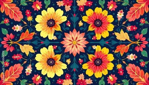 Wallpaper Mural Bold geometric floral pattern in a square grid , textile, style Torontodigital.ca