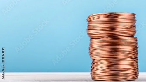 Rolled Copper Wire Stacked Neatly on a Wooden Table with a Bright Blue Background
