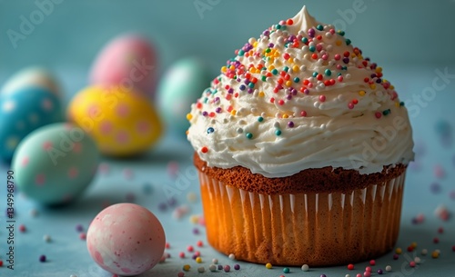 Colorful Cupcake With Sprinkles and Decorated Eggs Arranged on a Blue Backgro...
