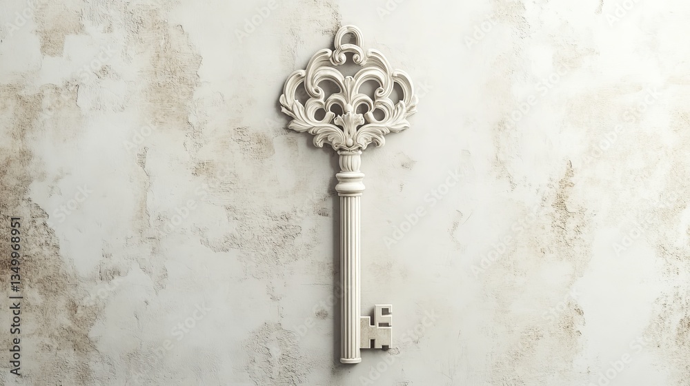 White Ornate Key on a Plain Wall: Elegant Minimalist Design White Ornate Key on a Plain Wall: Elegant Minimalist Design