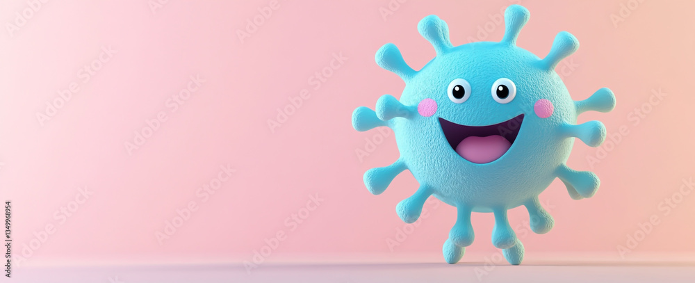 Obraz premium A cartoonish blue virus with a smiling face on a light pink background in a studio setting