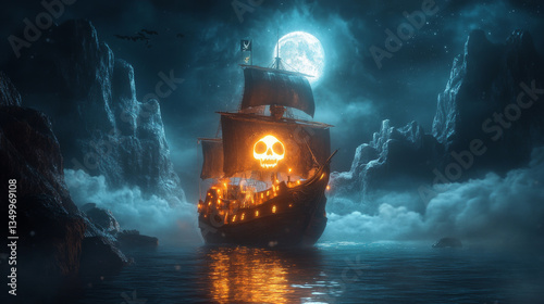 Ghost ship cartoon landing page with dead pirate spirit and haunted sailing boat glowing and soar over night sea with sticking rocks. Halloween filibuster adventure on secret island, vector web banner