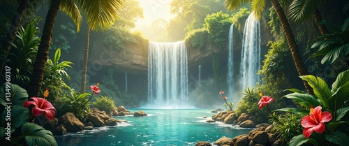 Fototapeta Naklejka Na Ścianę i Meble -  Tropical Waterfall Oasis: Lush jungle cascade into turquoise pool, creating a serene paradise. Perfect wall mural or wallpaper for kids' rooms, bringing vibrant nature indoors! High-quality, detailed 