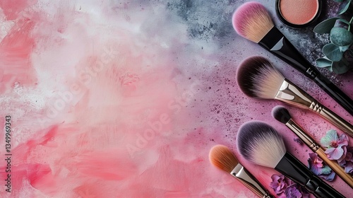 Colorful Makeup Brushes Arranged With Delicate Floral Accents on a Textured S...