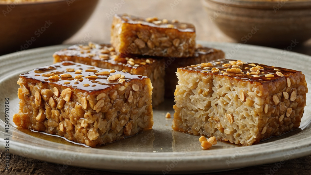 Delicious oat bars topped with honey and sesame seeds sitting on plate Delicious oat bars topped with honey and sesame seeds sitting on plate