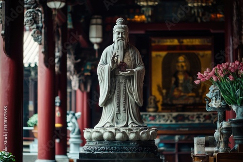 Majestic Sculpture of Confucius in a Serene Temple Setting, Shanghai, China