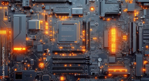 Circuit Board With Glowing Elements and Intricate Connections Illuminated in ...