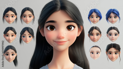 Girl character face avatar construction for animation. Isolated female mouth, brow, lips, nose and hairstyle set to create young person. Generator for lady with brunette ponytail or blue kanekalon photo