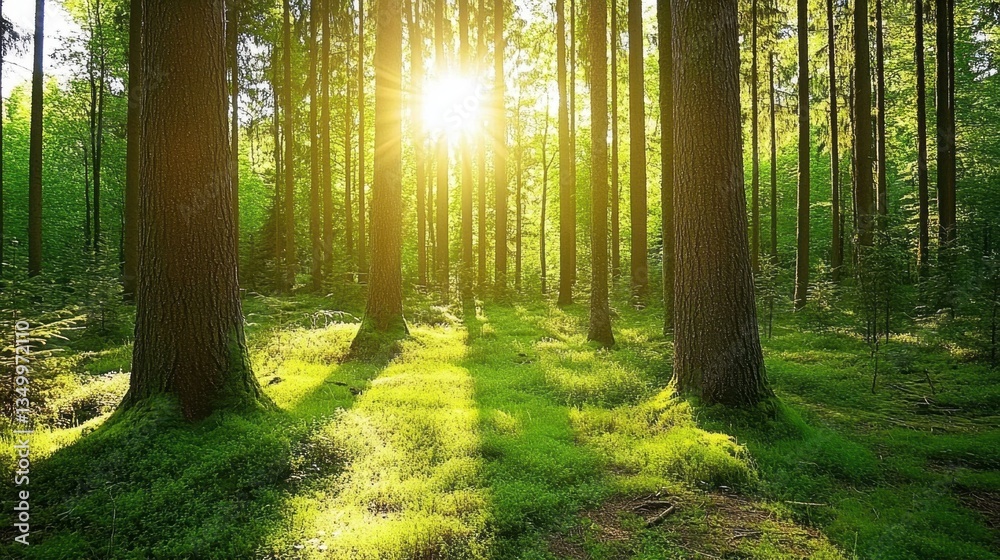 Fototapeta premium Sunlit Forest Canopy: A serene view through a forest, dappled in sunlight creating a magical interplay of light and shadow on the lush forest floor, it invokes a feeling of peace and solitude.