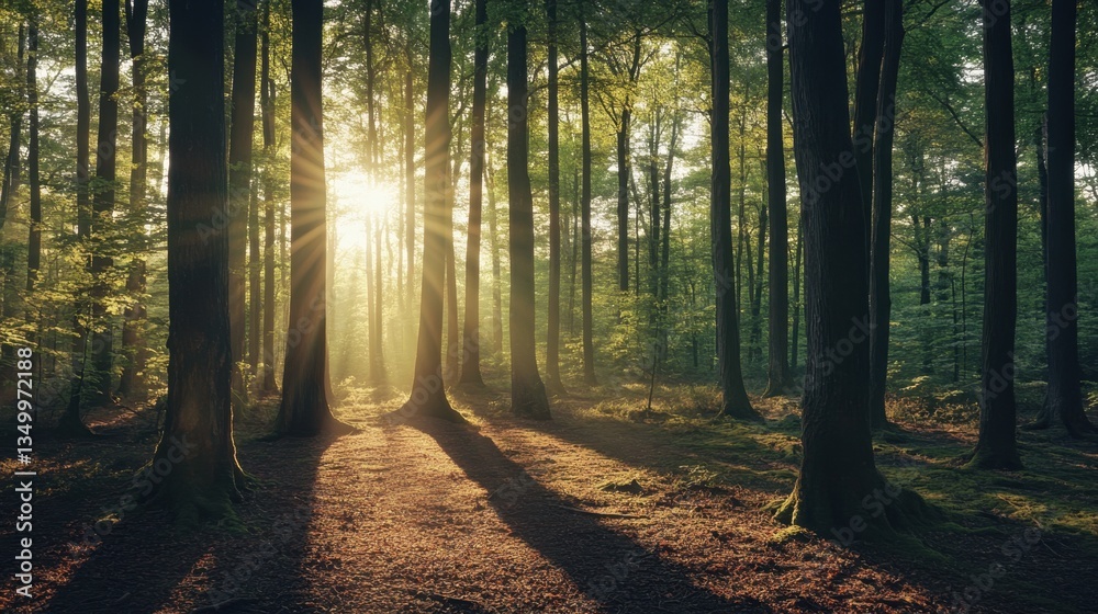 Obraz premium Sunlit Forest Path: A mesmerizing sunlit path weaves through a dense forest of tall trees, their branches forming a natural canopy that filters the sunlight.