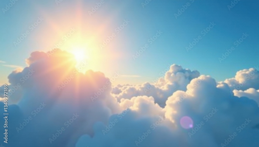 Softly glowing sun behind puffy white clouds in clear blue sky, warm, cloud Softly glowing sun behind puffy white clouds in clear blue sky, warm, cloud
