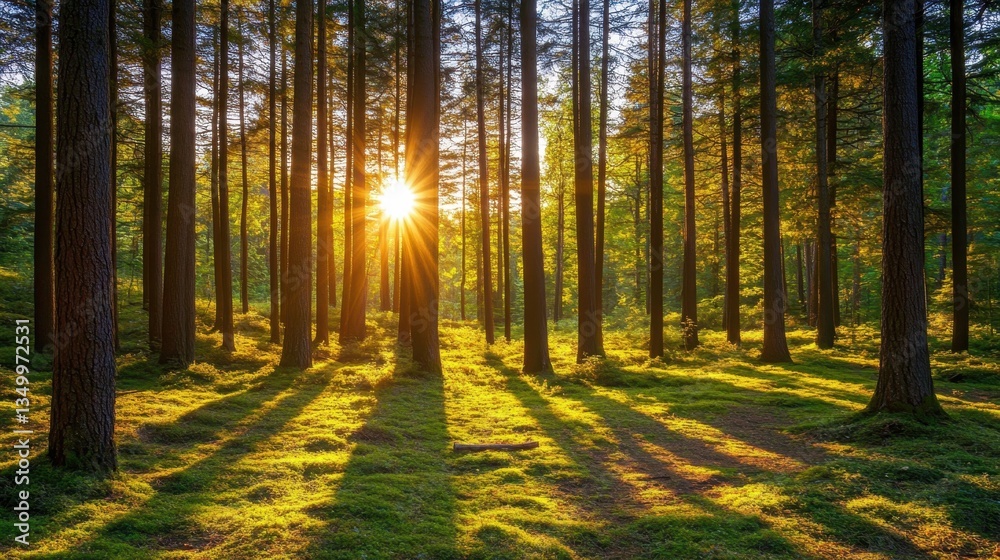 Sun-Drenched Forest: A mesmerizing vista of sunlight streaming through a dense forest canopy, illuminating the tall trees and vibrant undergrowth Sun-Drenched Forest: A mesmerizing vista of sunlight streaming through a dense forest canopy, illuminating the tall trees and vibrant undergrowth
