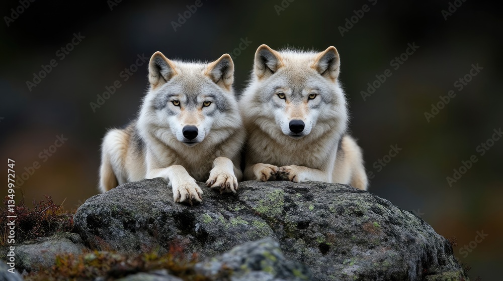 Fototapeta premium Two wolves resting on a rock