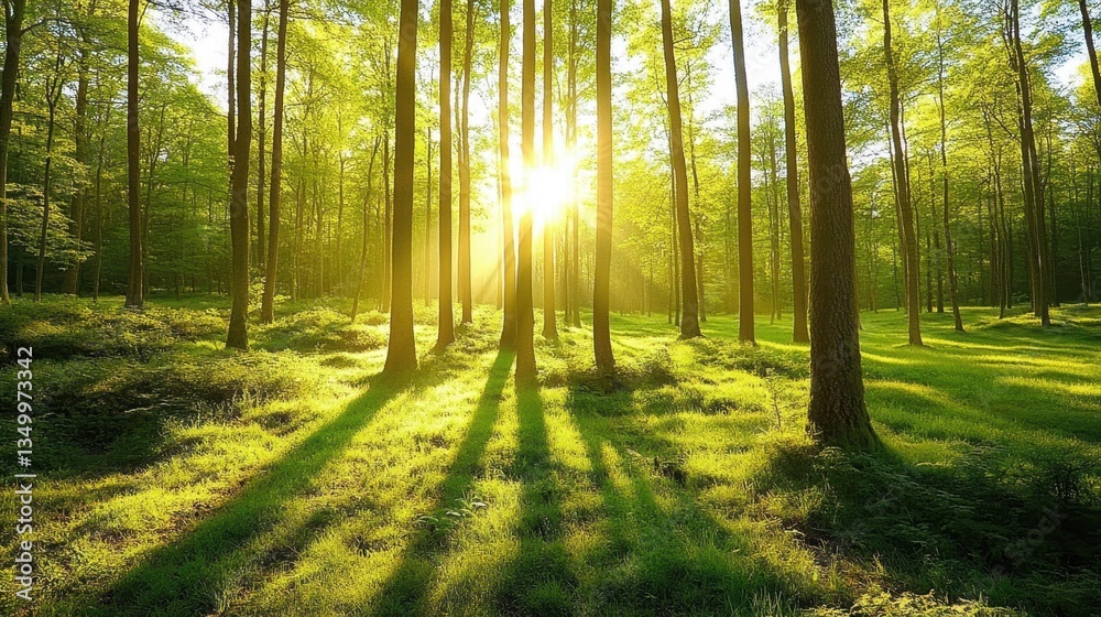 Fototapeta premium Sun-Dappled Woodland: A sunlit forest scene with tall trees casting long shadows on a verdant forest floor. The image exudes tranquility and natural beauty, creating a sense of peace and serenity.