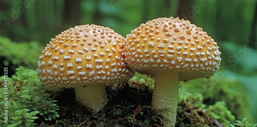 Mushrooms Growing in Forest Under Soft Sunlight With Lush Greenery in Autumn