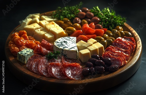 Cheese and Charcuterie Platter With Olives and Herbs on Wooden Board