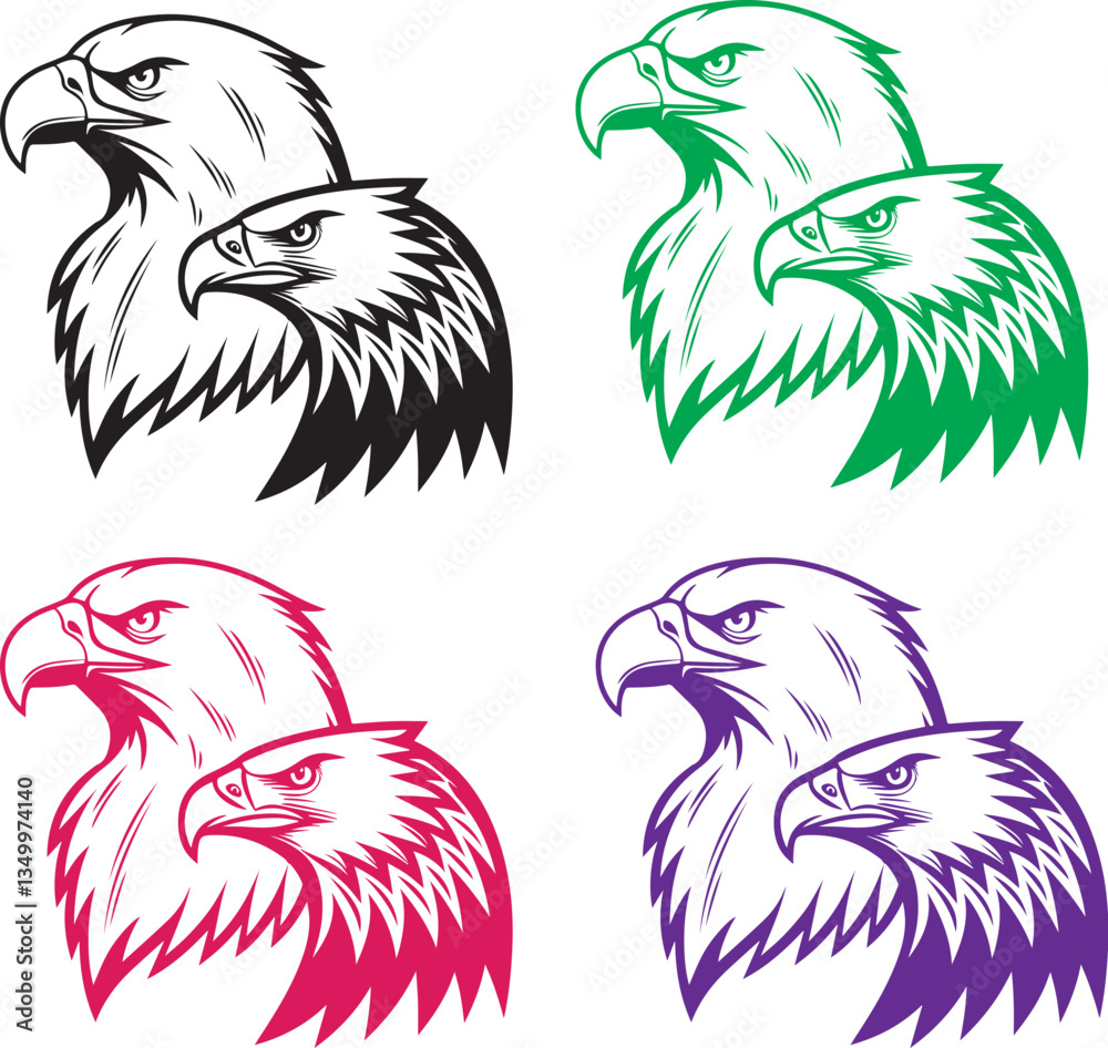 Fototapeta premium A vector illustration of a set of birds featuring an eagle with detailed feathers and wings, designed in a wild and nature-inspired style, perfect for tattoos, logos, or animal icons