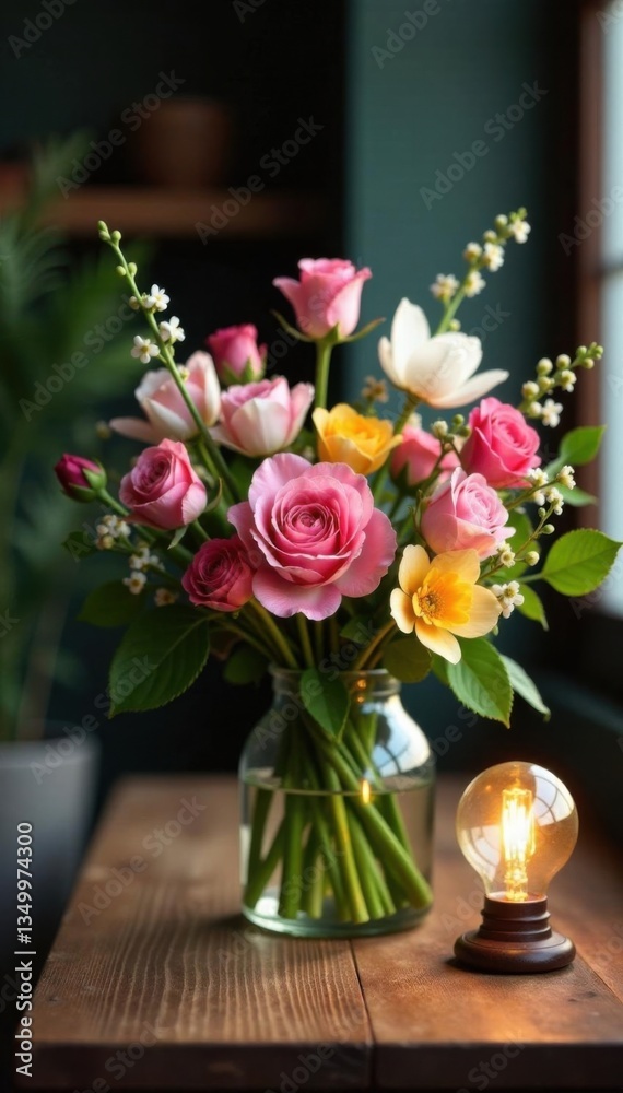 Spring Floral Bouquet on Wooden Table with Lamp Bulb, table centerpiece, rustic charm, wooden table Spring Floral Bouquet on Wooden Table with Lamp Bulb, table centerpiece, rustic charm, wooden table