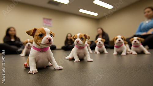 Charming group of small dogs gathered together in a playful setting highlighting the importance of socialization among young puppies.