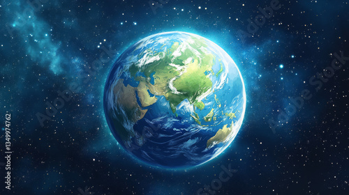 Story of the Earth poster with sphere of planet in outer space with stars. Vector flyer with cartoon illustration of living planet with green continents and blue ocean in cosmos