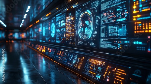 Wallpaper Mural Futuristic control room with glowing digital displays showing data and information. Torontodigital.ca