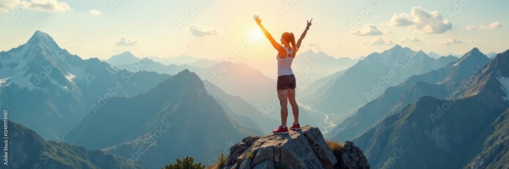 Strong female athlete standing on top of a mountain summit with arms raised, athletic, mountaineering Strong female athlete standing on top of a mountain summit with arms raised, athletic, mountaineering