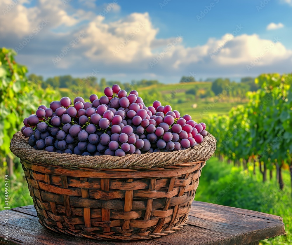 Fototapeta premium Freshly Harvested Grapes in a Rustic Basket Against a Scenic Vineyard Backdrop