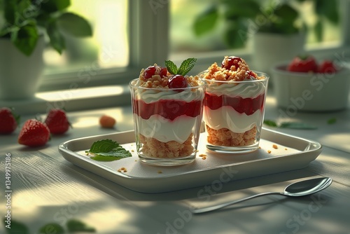 Delicious Raspberry Parfaits Served in Clear Glasses on a White Tray Near a S...