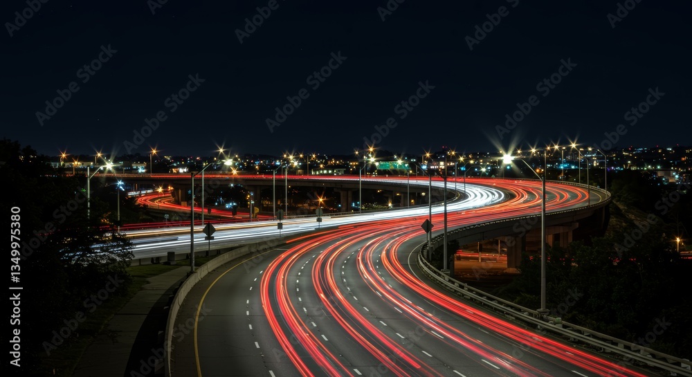 Dynamic light trails on a curved highway at night, urban transit scene