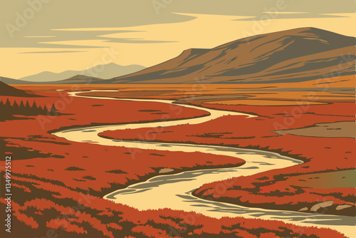 81 Icelandic landscape, winding river, vibrant red moss, autumn colors, rolling hills, distant mountains, aerial view, dramatic scenery, tundra vegetation, subarctic environment, painterly effect, sof