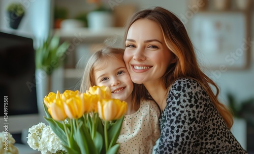 Smiling Mother and Daughter Enjoying a Joyful Moment in a Cozy Indoor Setting...