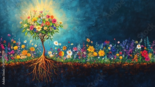 Vibrant flower tree with roots emerging from soil, surrounded by colorful wildflowers in a meadow.