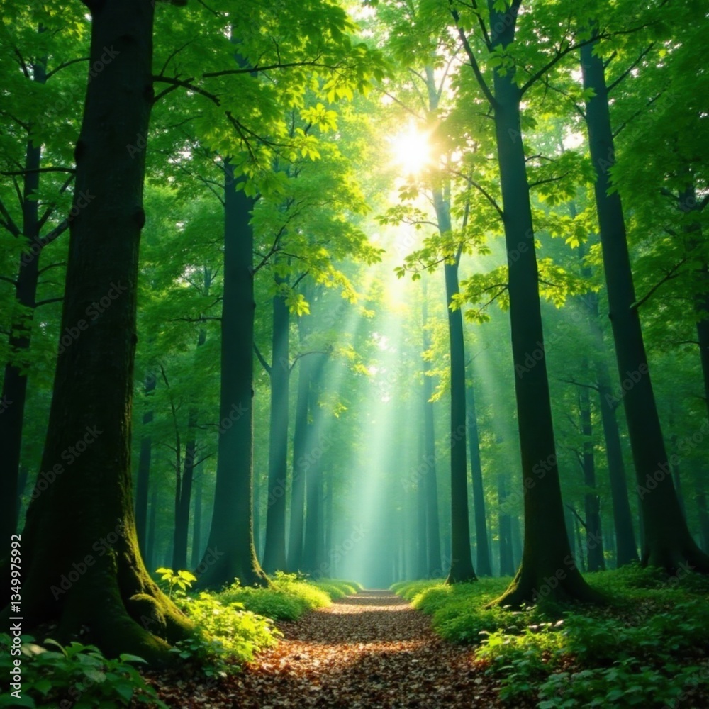 Obraz premium Sunlight filters through leaves of towering trees in a dense forest, trees, greenery