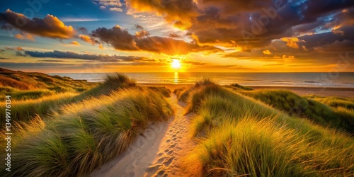 Silhouette Path Through Autumn Dunes to Sunset Beach