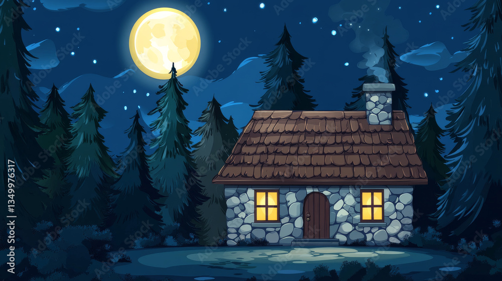 Fototapeta premium Cottage in night forest, stone house with wooden roof on dark field with coniferous trees. Cozy home at moonlight in mysterious wood. Game scene 2d background with dwelling Cartoon vector illustration