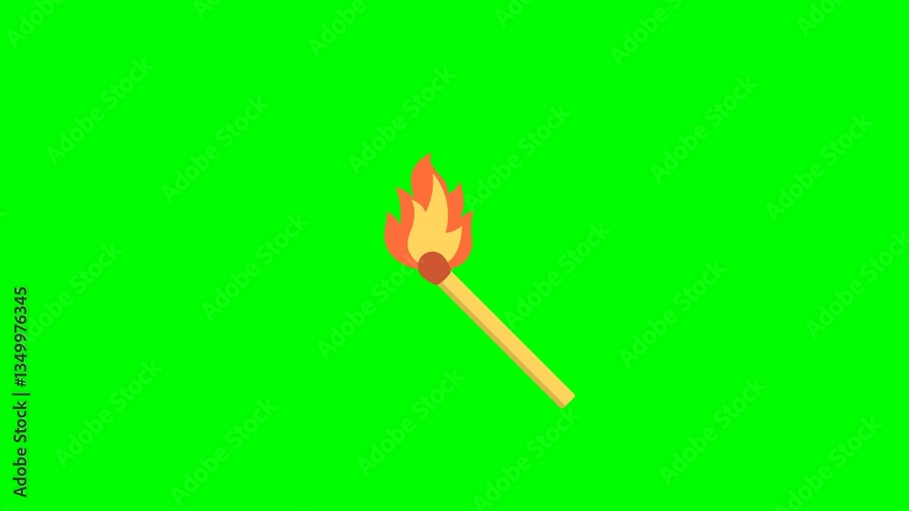 Burning matchstick. Wood rod with yellow flame isolated on green background. Match stick with fire of fire and matchstick, burn flame isolated, ignite and light heat. 2d flat animation. Alpha channel