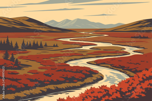 81 Icelandic landscape, winding river, vibrant red moss, autumn colors, rolling hills, distant mountains, aerial view, dramatic scenery, tundra vegetation, subarctic environment, painterly effect, sof