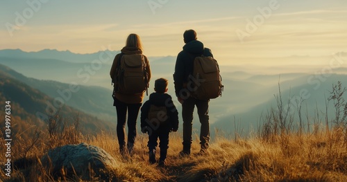 Family Enjoys Sunset View Over Mountains During Evening Hike in Nature