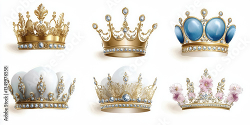Unique whimsical watercolor icon set of crowns on white background for wedding celebration