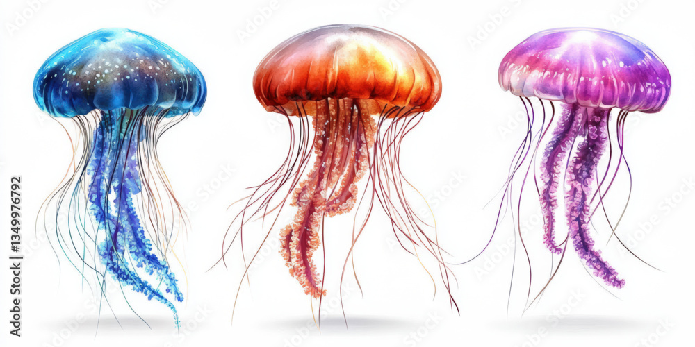 Fototapeta premium Whimsical watercolor jellyfish icon set unique marine creatures on white background