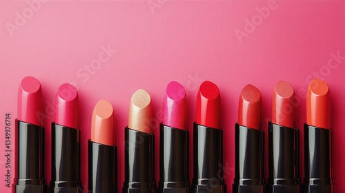 Colorful Array of Lipsticks Arranged Neatly on a Pink Background for a Vibran...