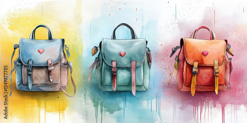 Unique watercolor icon set of school backpacks on white background vibrant colorful design artistic viewpoint