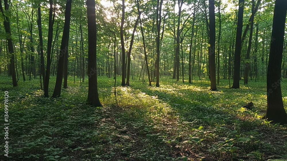 Fototapeta premium Sunlight filtering through a dense forest canopy. Sunlight dappling the forest floor. Lush green trees and undergrowth.