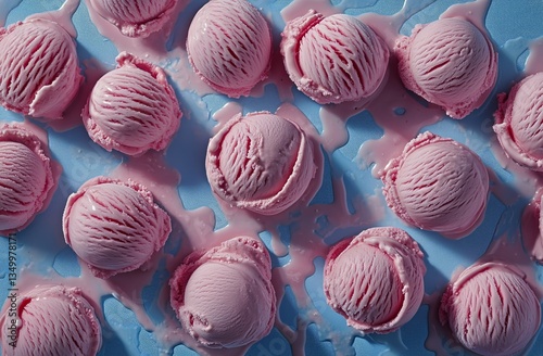 Colorful Pink Ice Cream Scoops Arranged on a Light Blue Surface in an Invitin...