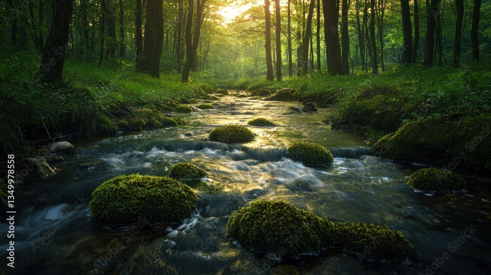 Obraz premium Sunlight streams through a tranquil forest stream, moss-covered rocks and lush greenery.