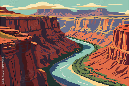 82 Grand Canyon panorama, winding turquoise river, towering red rock formations, steep canyon walls, layered geological strata, vibrant desert landscape, expansive blue sky, aerial perspective, dramat