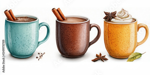 Unique watercolor hot cocoa cup icon set on white background cozy drink collection for winter vibes